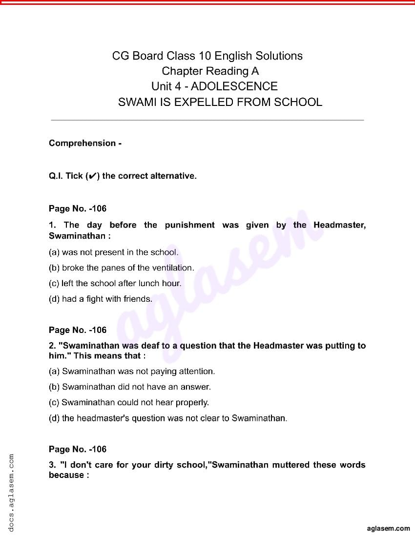 CGBSE Solutions For Class 10 English Chapter 4 A Swami Is Expelled From ...