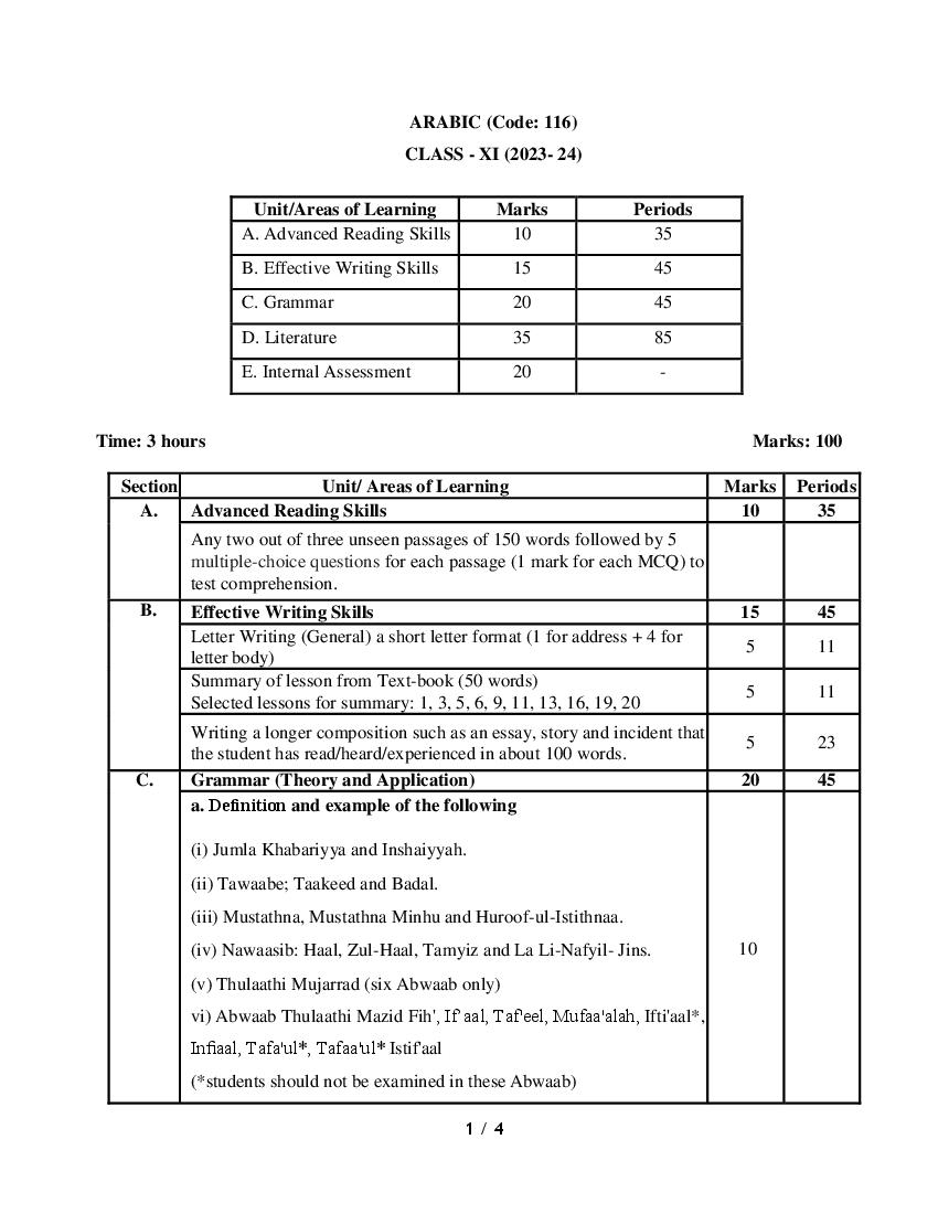 CBSE Class 11 Class 12 Syllabus 2023-24 Arabic - Page 1