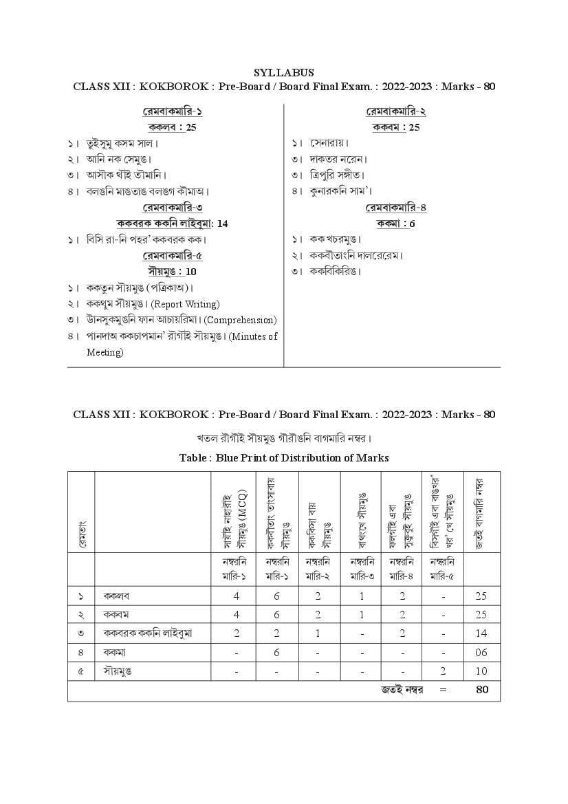 TBSE Class 12 Syllabus 2023 Kokborok - Page 1