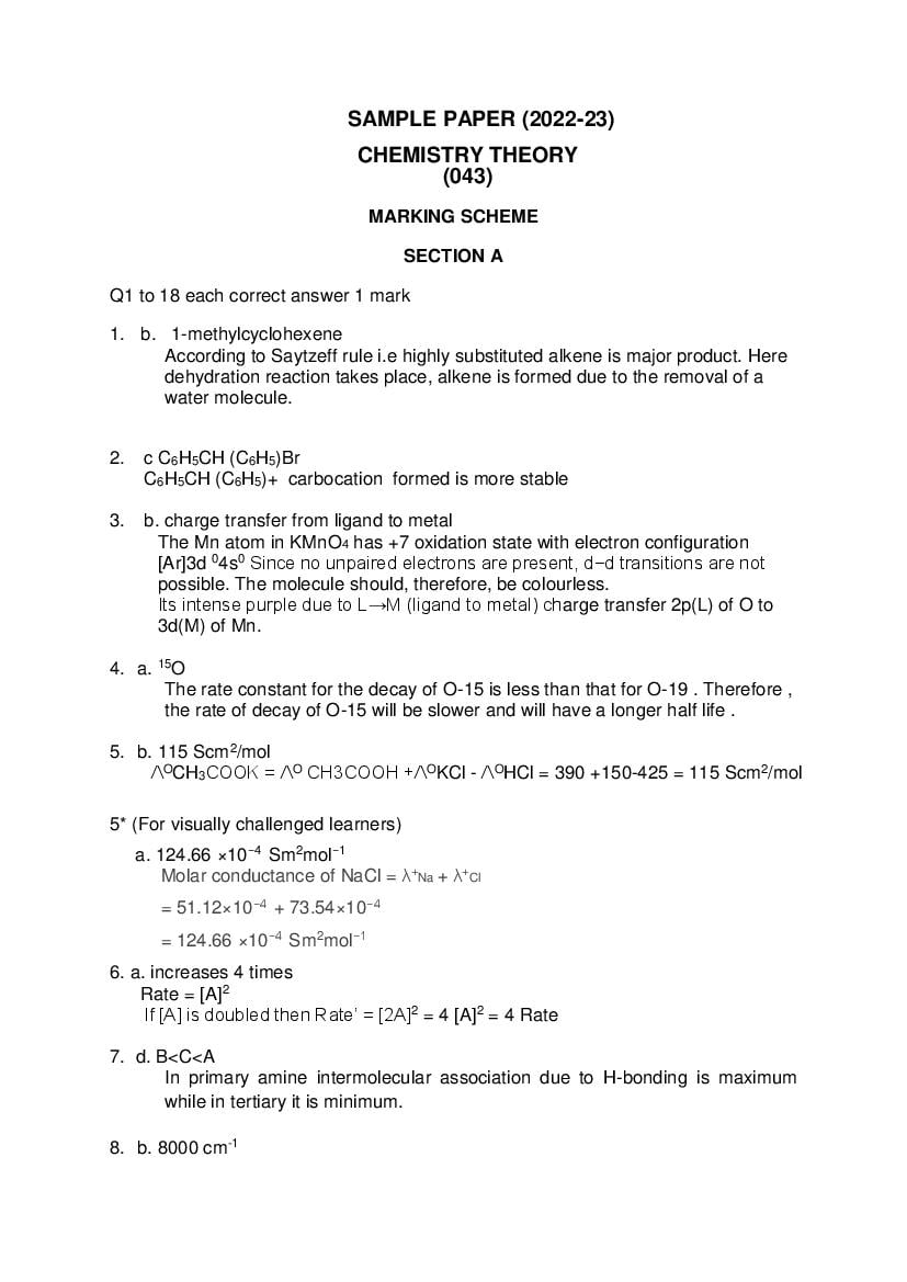 CBSE Class 12 Sample Paper 2023 Solution Chemistry - Page 1