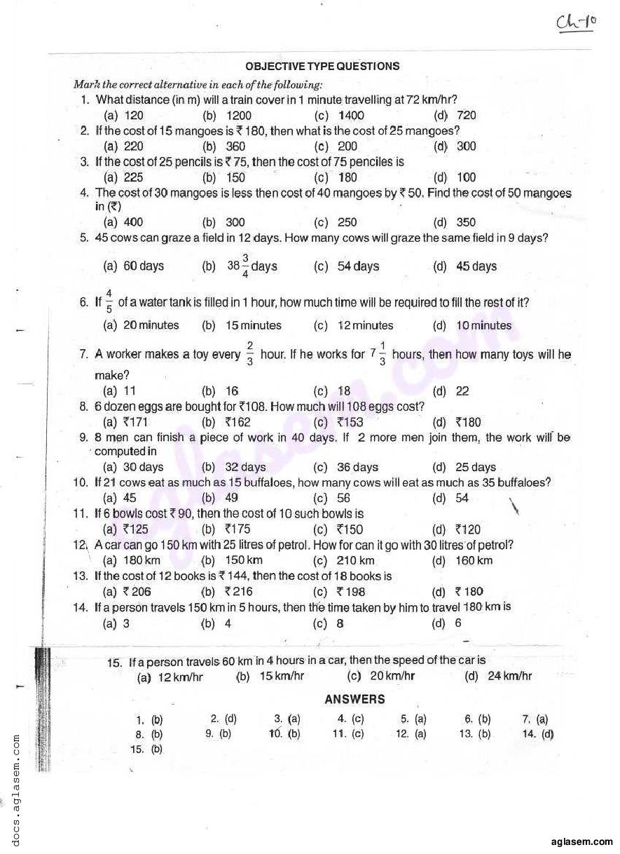RD Sharma Solutions Class 7 Chapter 10 Unitary Method MCQ