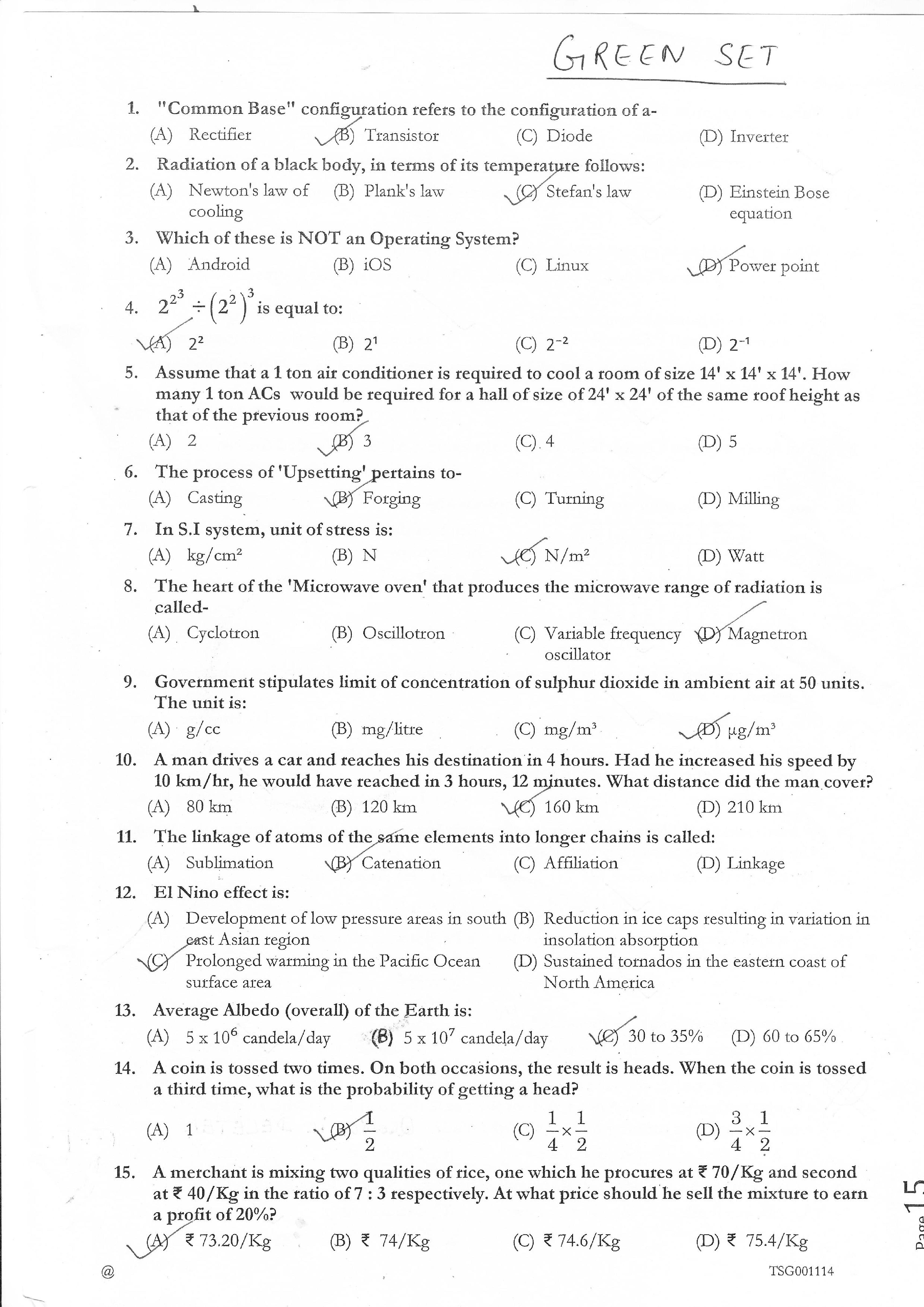 RRB Bilaspur JE 2014 Question Paper Green Set - Page 1