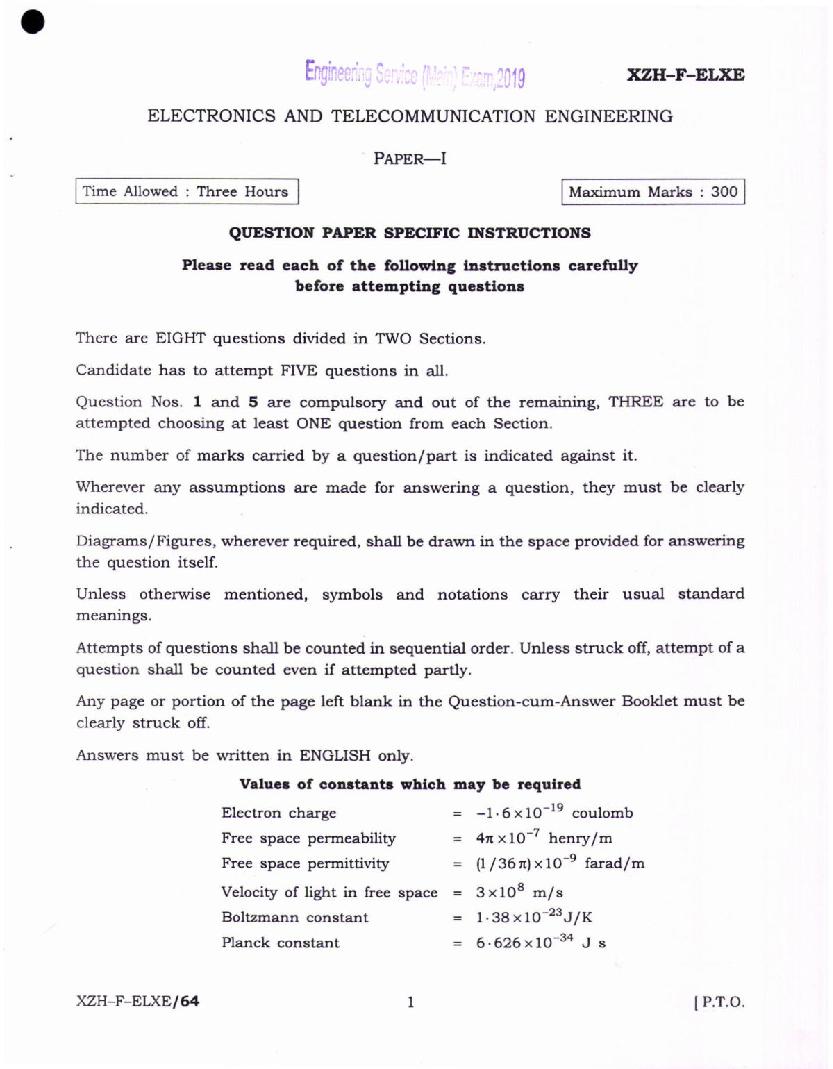 UPSC IES 2019 (Mains) Question Paper for Electronics and Telecommunication Engineering - Paper - I - Page 1