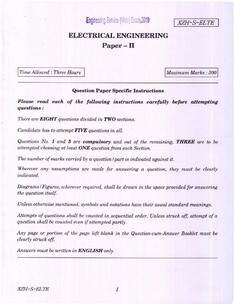UPSC IES 2019 (Mains) Question Paper for Electrical Engineering - Paper - II - Page 1