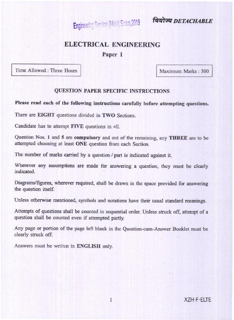 UPSC IES 2019 (Mains) Question Paper for Electrical Engineering - Paper - I - Page 1