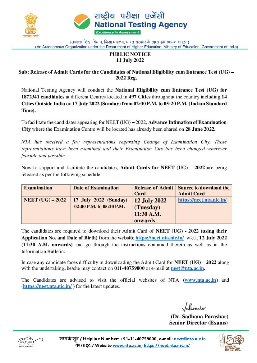 NEET 2022 Admit Card Release Date Notice - Page 1