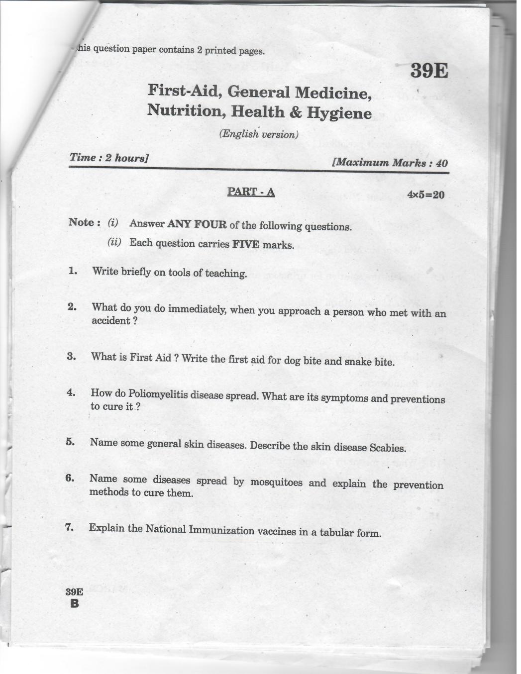 AP 10th Class Question Paper 2019 First Aid, General Medicine, Nutrition And Medical Store Management (English Medium) - Page 1