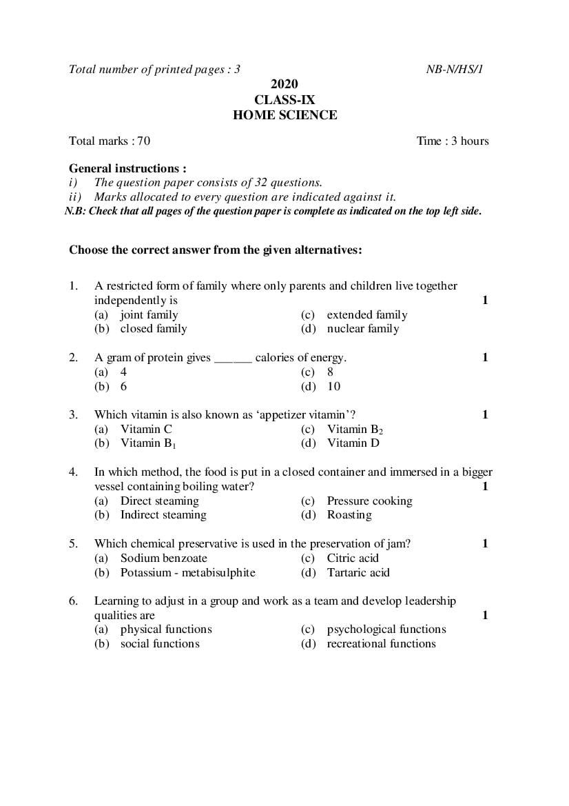 NBSE Class 9 Question Paper 2020 Home Science - Page 1