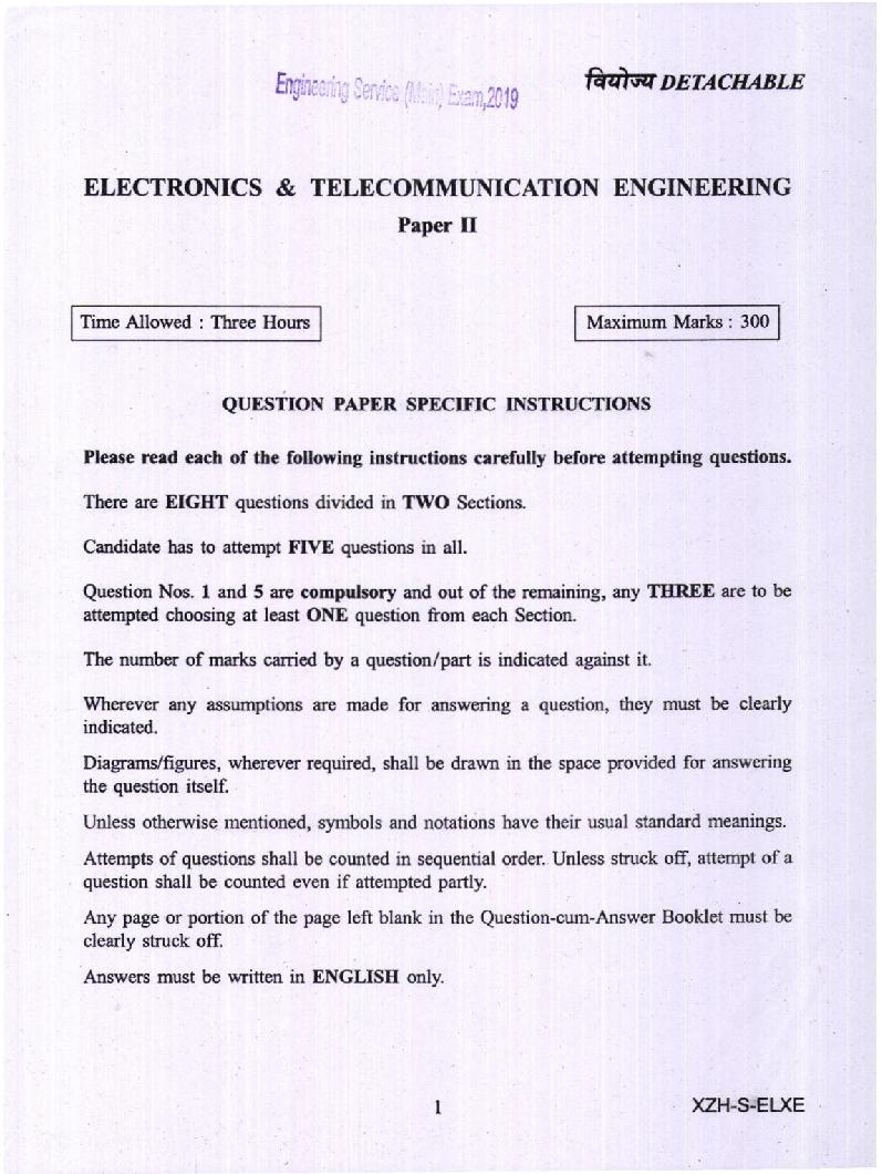 UPSC IES 2019 (Mains) Question Paper for Electronics and Telecommunication Engineering - Paper - II - Page 1