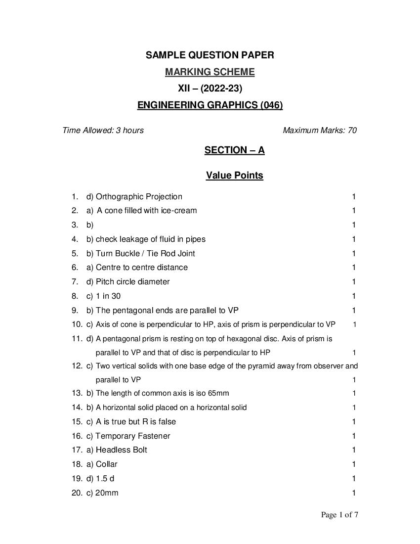 CBSE Class 12 Sample Paper 2023 Solution Engineering Graphics - Page 1