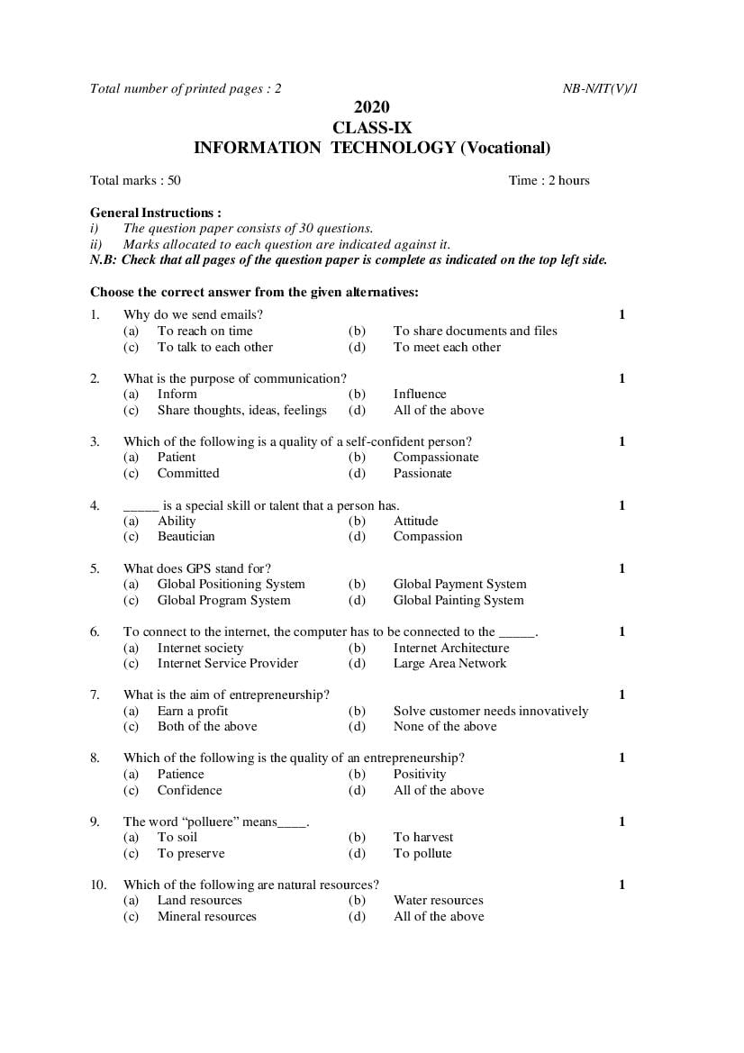 NBSE Class 9 Question Paper 2020 Information Technology - Page 1