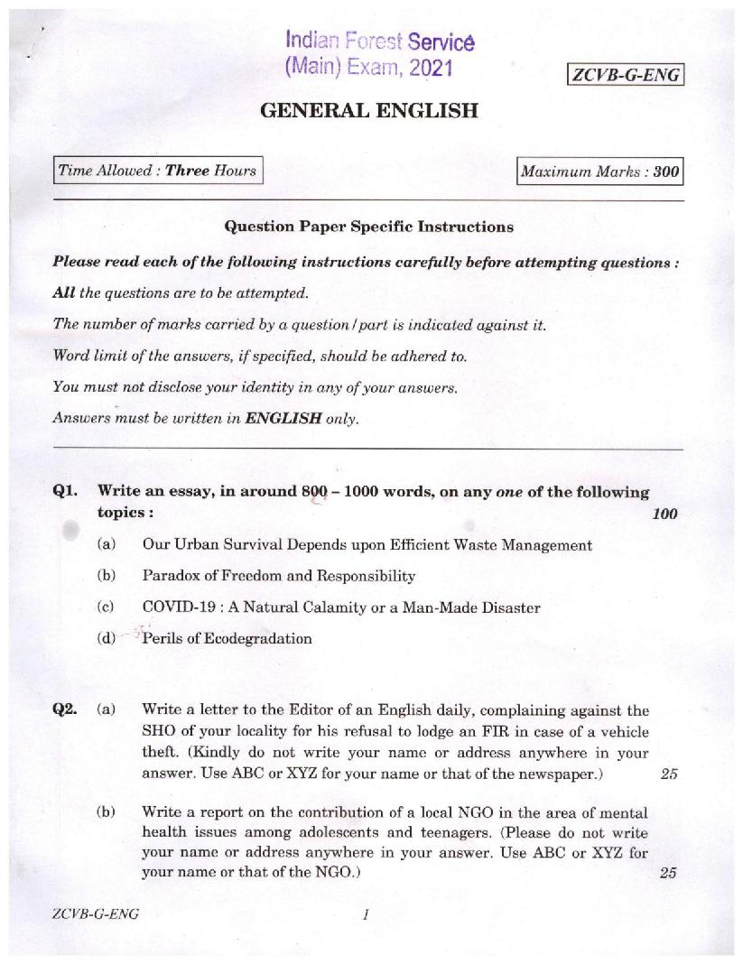 UPSC IFS 2021 Question Paper for General English  - Page 1