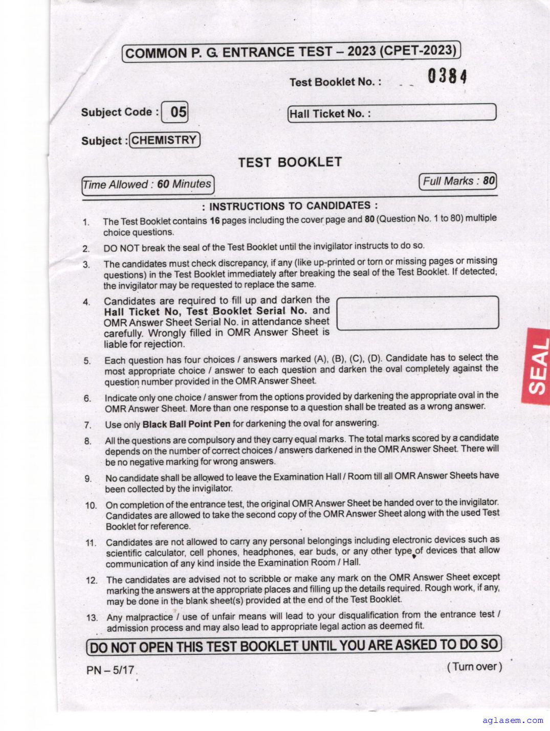 Odisha CPET 2023 Question Paper Chemistry - Page 1 of 16