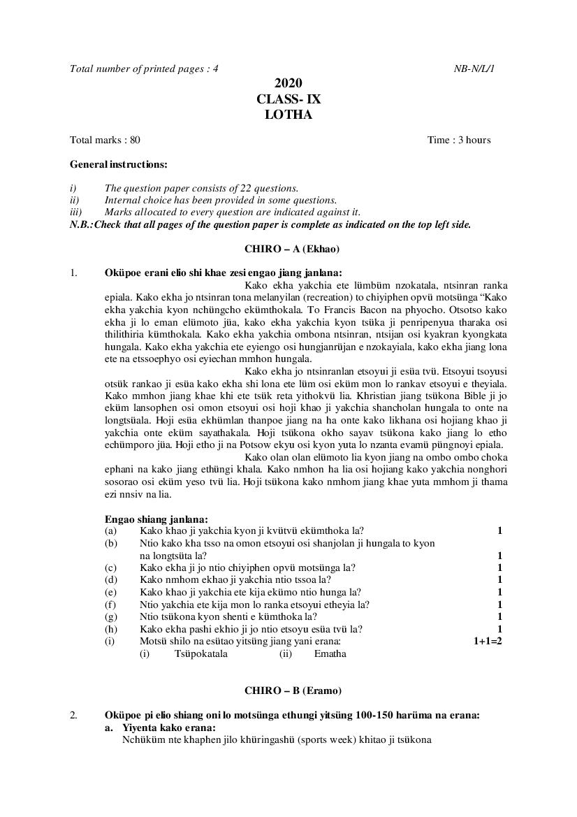 NBSE Class 9 Question Paper 2020 Lotha - Page 1