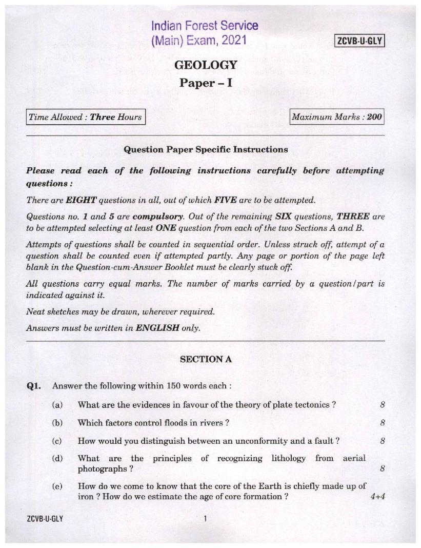 UPSC IFS 2021 Question Paper for Geology Paper I  - Page 1