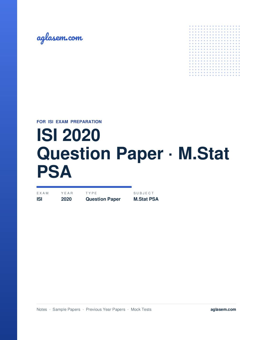 ISI Admission Test 2020 Question Paper M.Stat PSA - Page 1 of 23