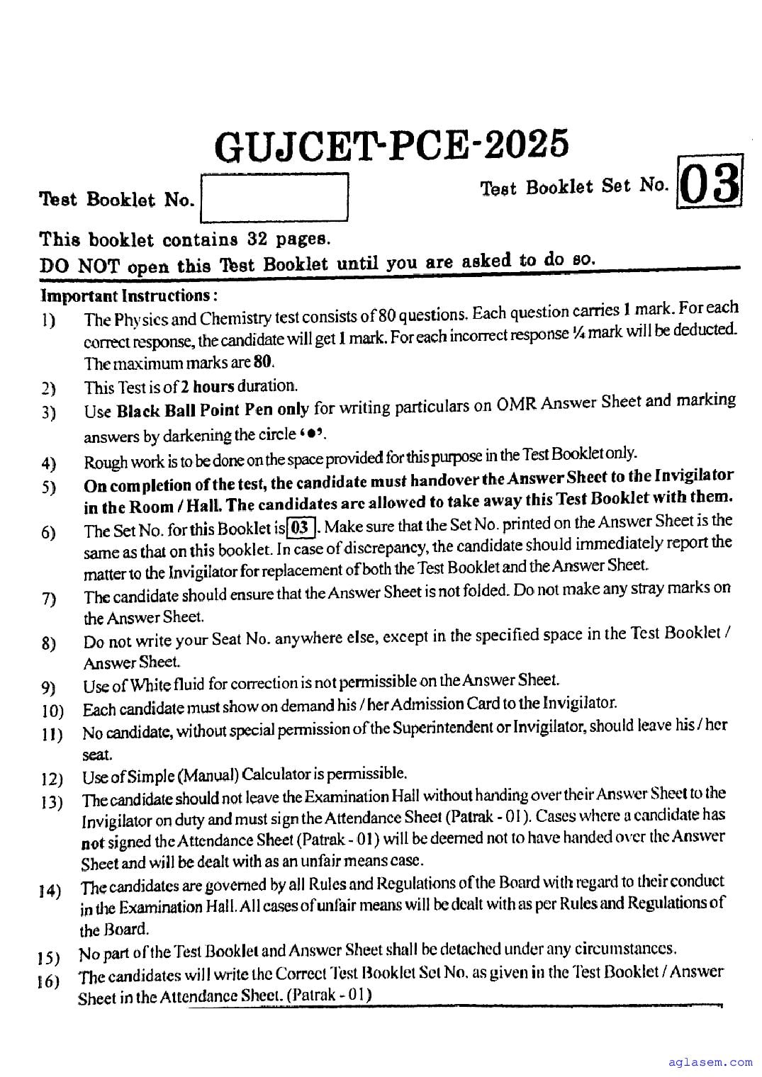 GUJCET 2025 Question Paper Physics and Chemistry - Page 1 of 27