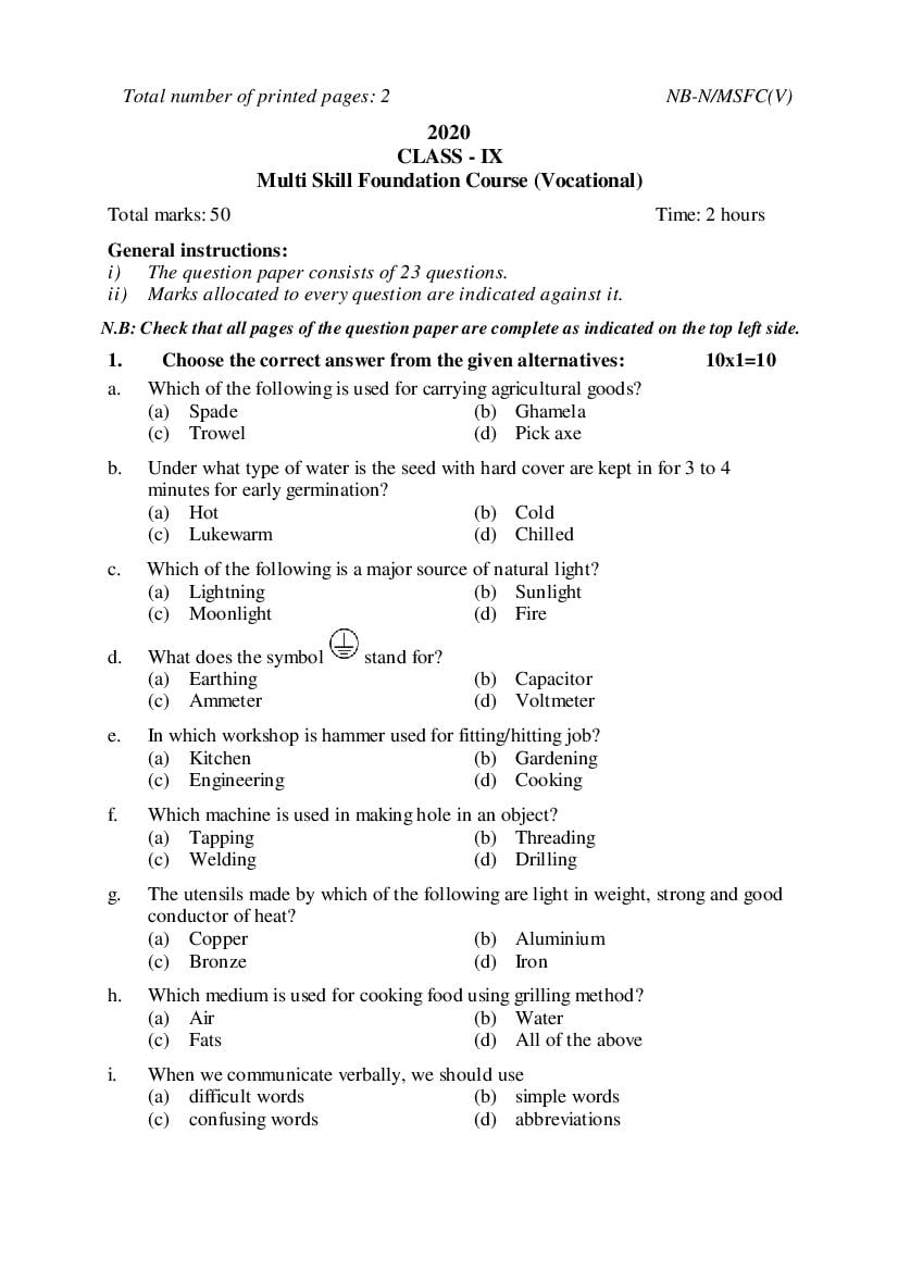NBSE Class 9 Question Paper 2020 Multiskill Foundation Course - Page 1