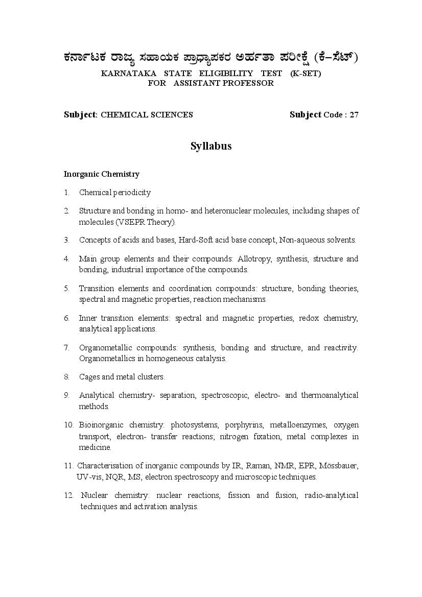 KSET Syllabus Chemincal Sciences - Page 1
