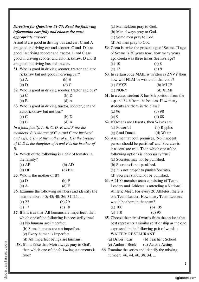 GLAT 2019 Question Paper PDF (Series A, GK, Reasoning, English)