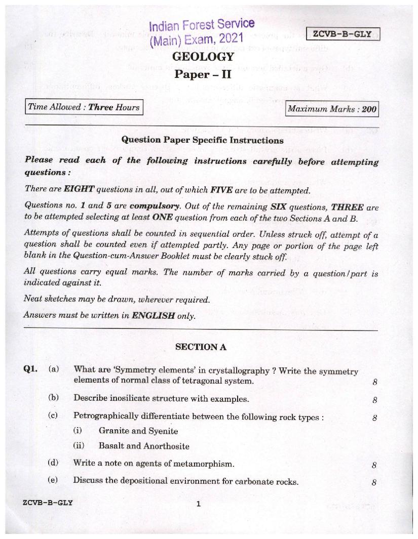UPSC IFS 2021 Question Paper for Geology Paper II  - Page 1