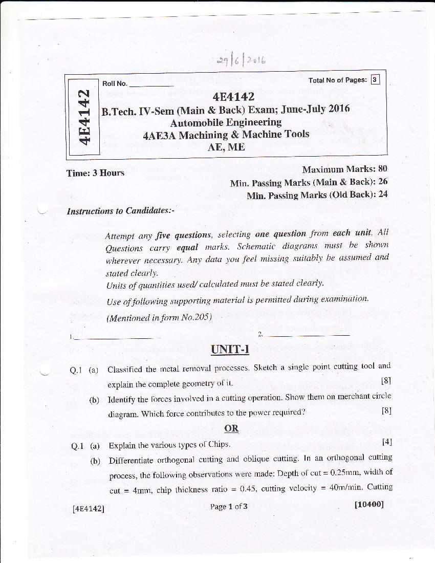 RTU 2016 Question Paper Semester IV Automobile Engineering Machining