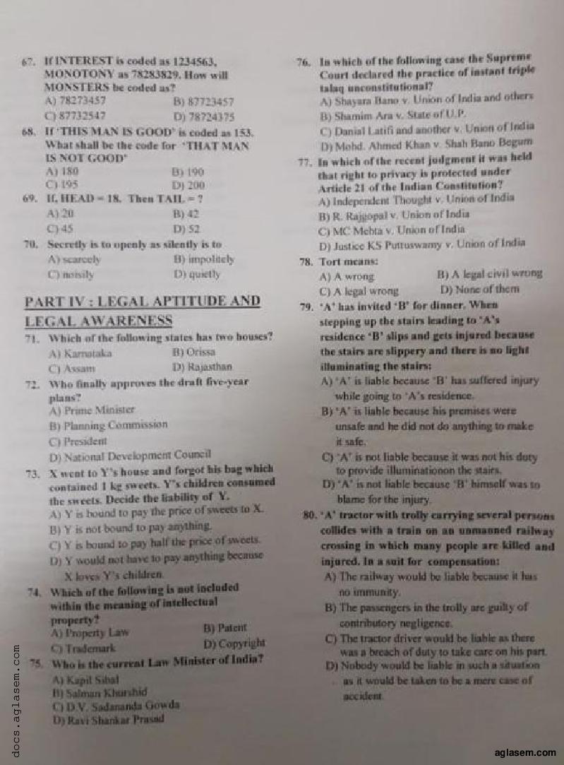 GLAT 2018 Question Paper PDF (4 Parts, 100 Questions, Series A)