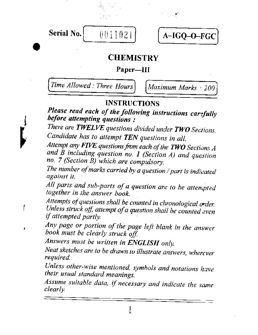 UPSC CGGE 2015 Question Paper Chemistry Paper III - Page 1