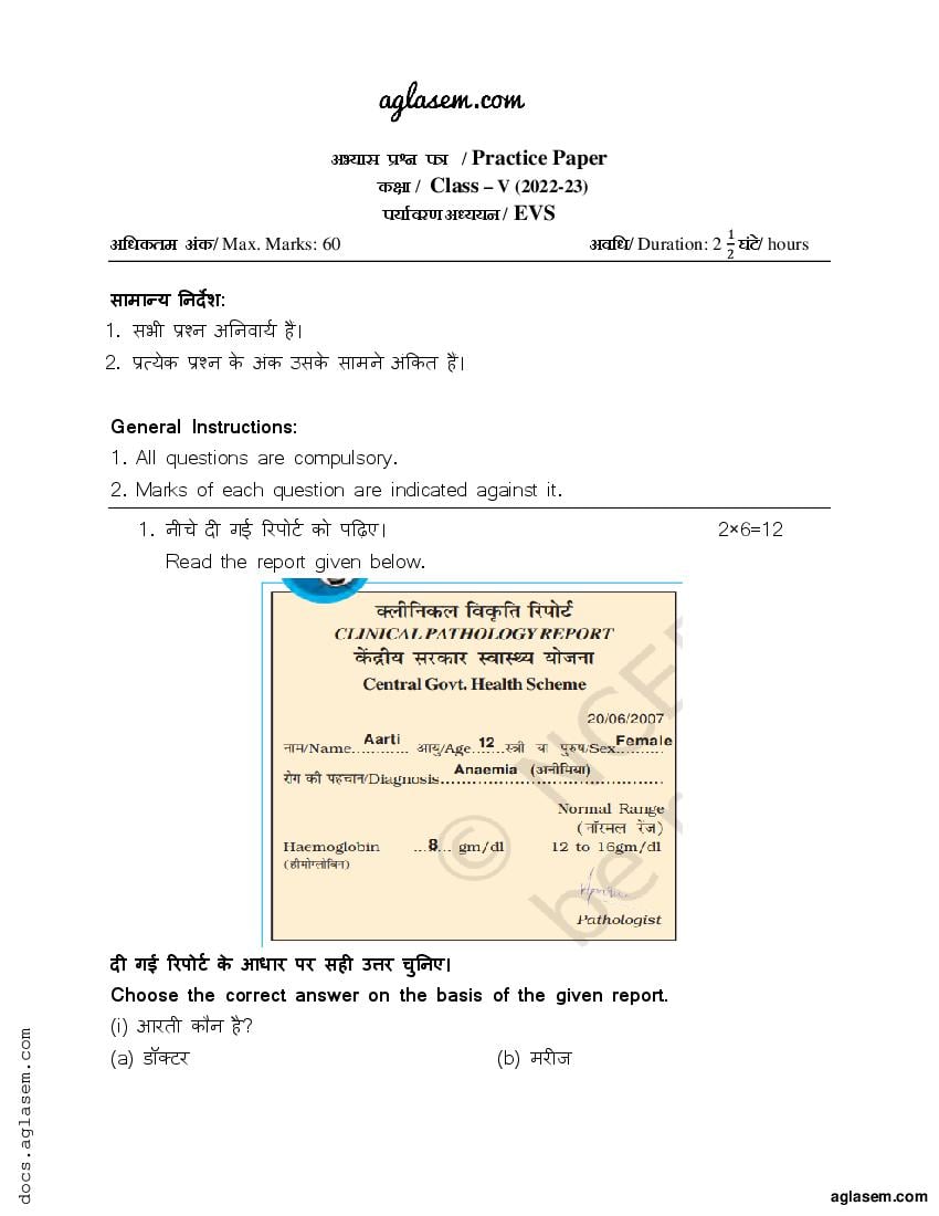 Class 5 Sample Paper 2023 EVS - Page 1