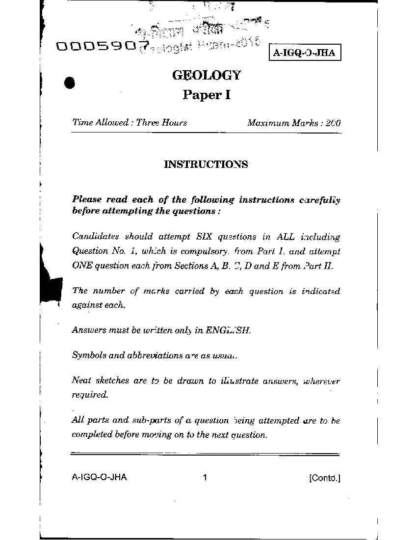 UPSC CGGE 2015 Question Paper Geology Paper I - Page 1