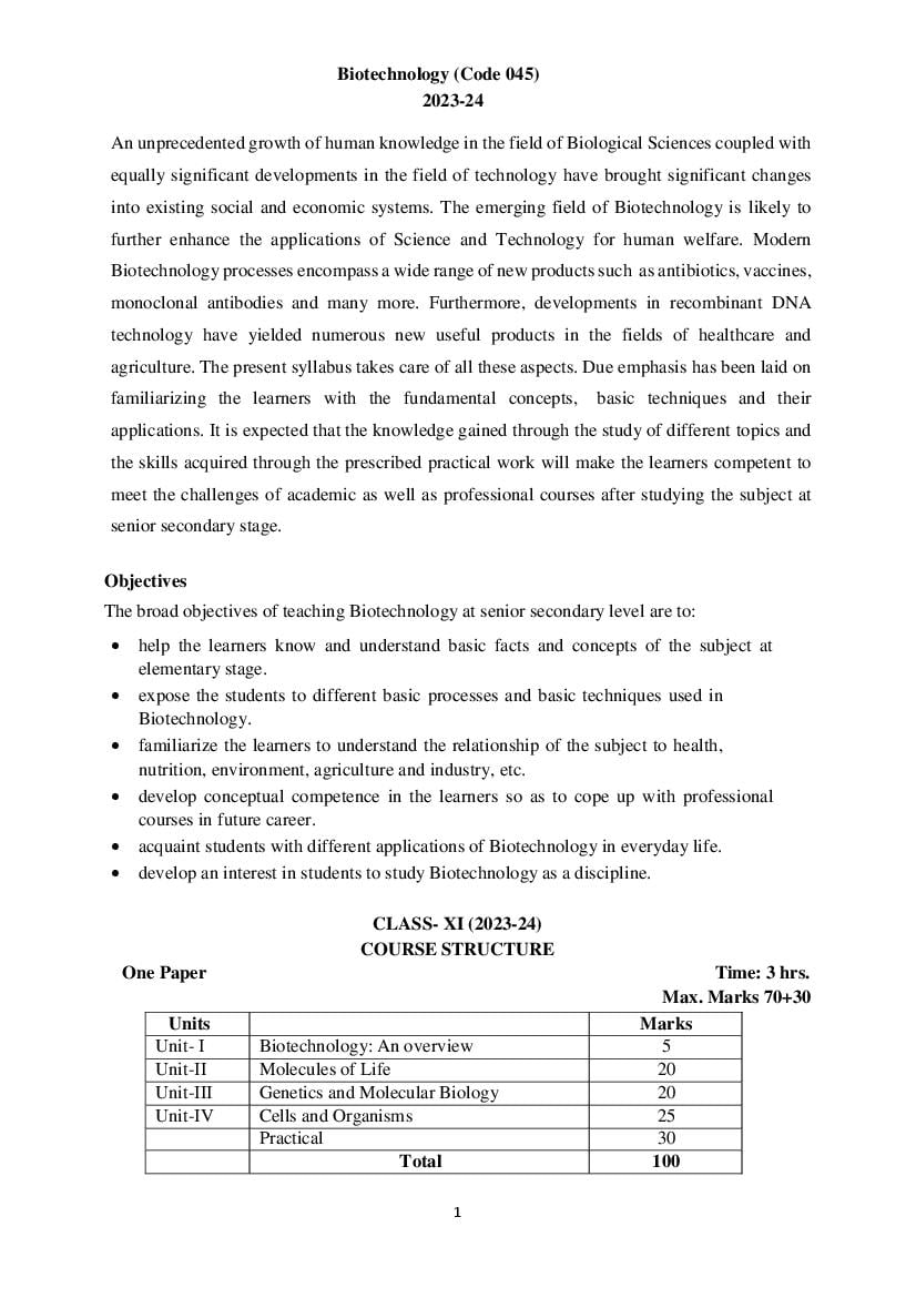 CBSE Class 11 Class 12 Syllabus 2023-24 Bio Technology - Page 1