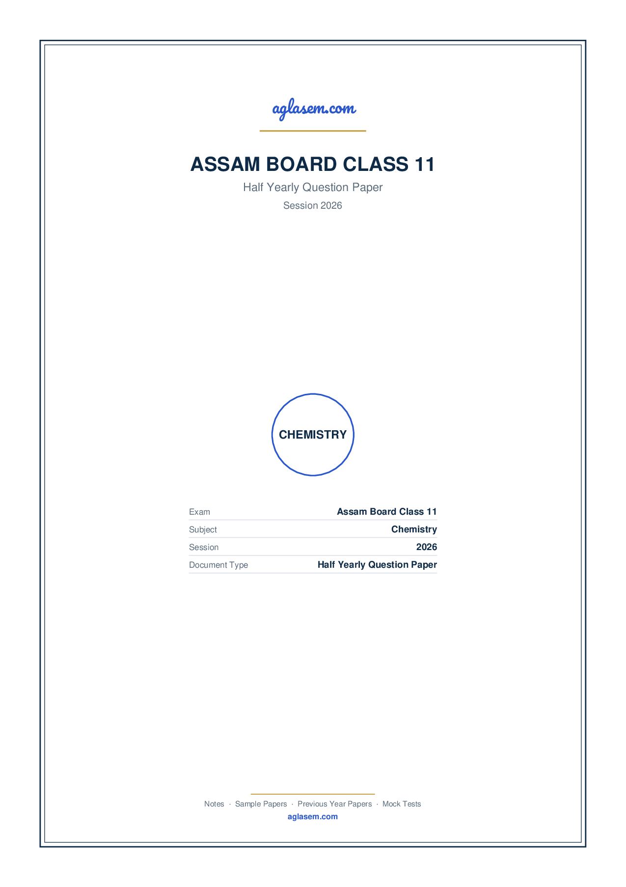 Assam Board Class 11 Half Yearly Question Paper 2026 Chemistry - Page 1 of 9