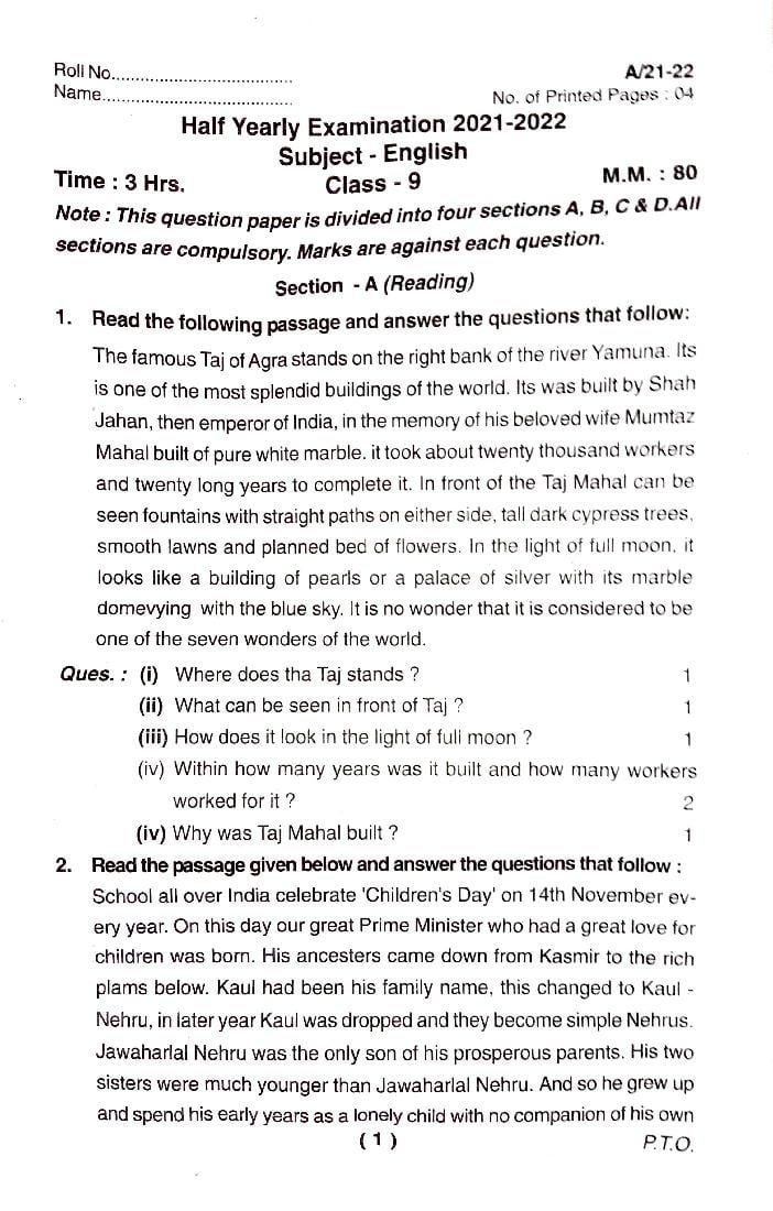 Uttarakhand Board Class 9 Half Yearly Exam 2021 Question Paper English - Page 1
