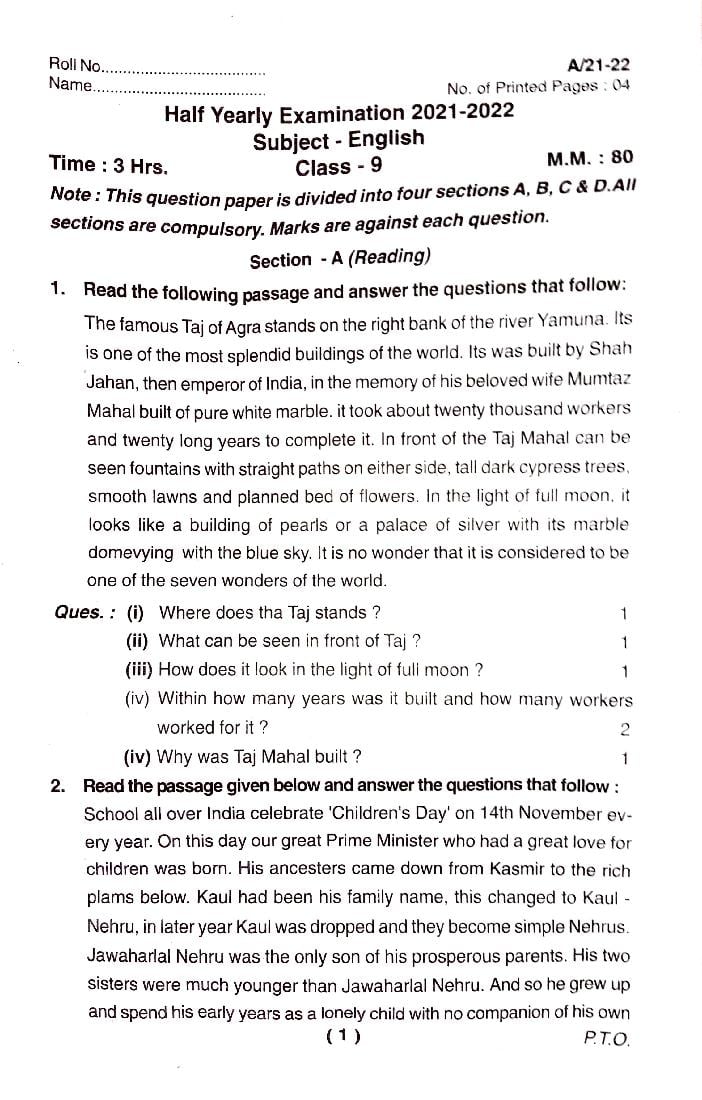 Class 9 English Question Paper Kerala Syllabus