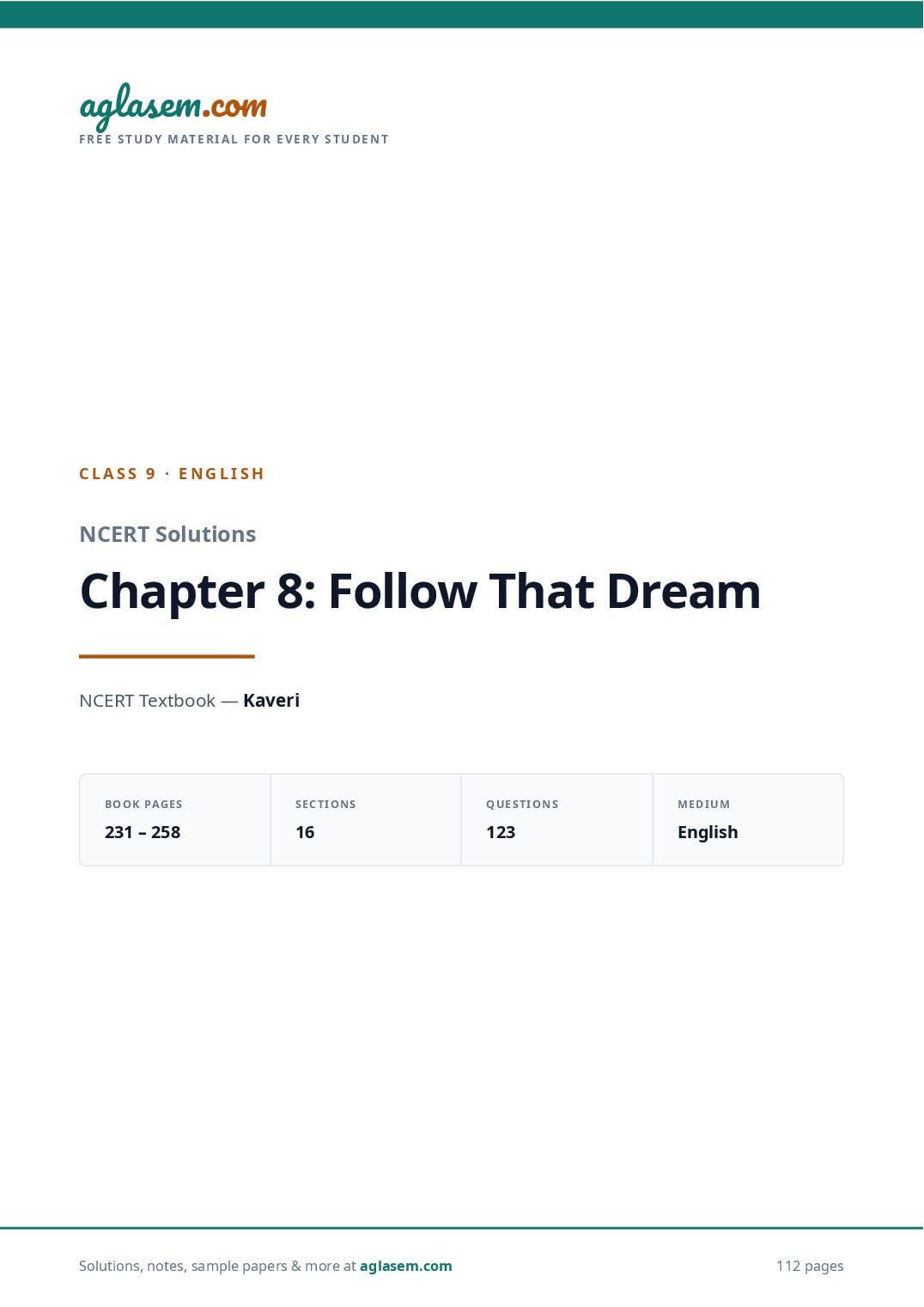 NCERT Solutions Class 9 English Chapter 8 Follow That Dream - Page 1 of 113