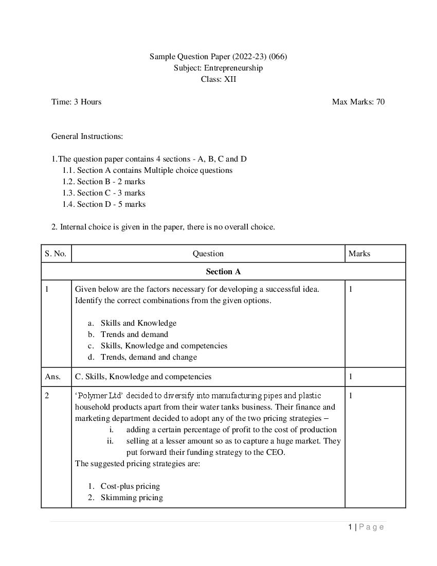 CBSE Class 12 Sample Paper 2023 Solution Entrepreneurship - Page 1
