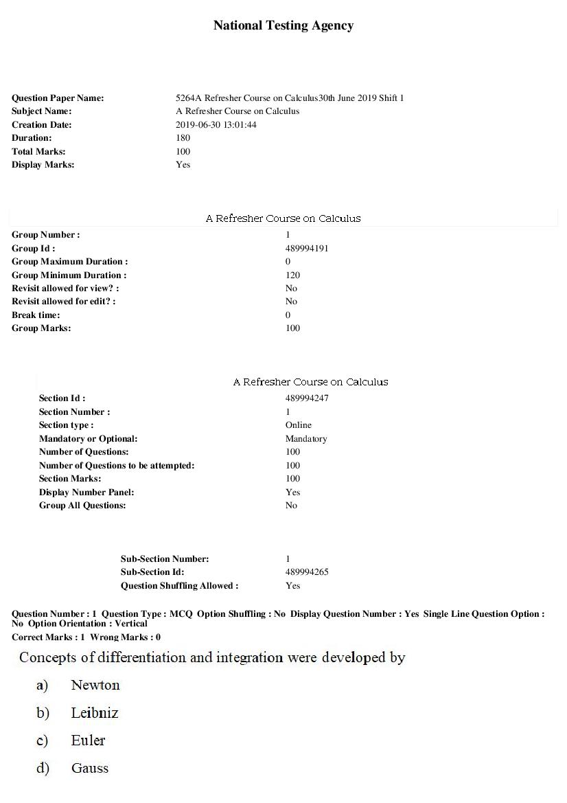 ARPIT 2019 Question Paper for A Refresher Course on Calculus Shift 1 - Page 1 of 48