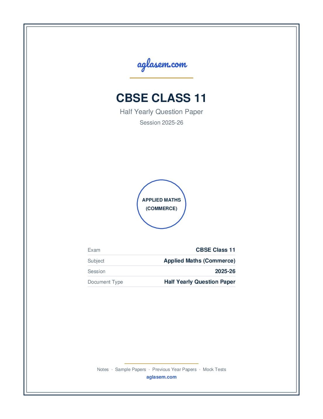Class 11 Half Yearly Question Paper 2025-26 Applied Maths (Commerce) - Page 1 of 5