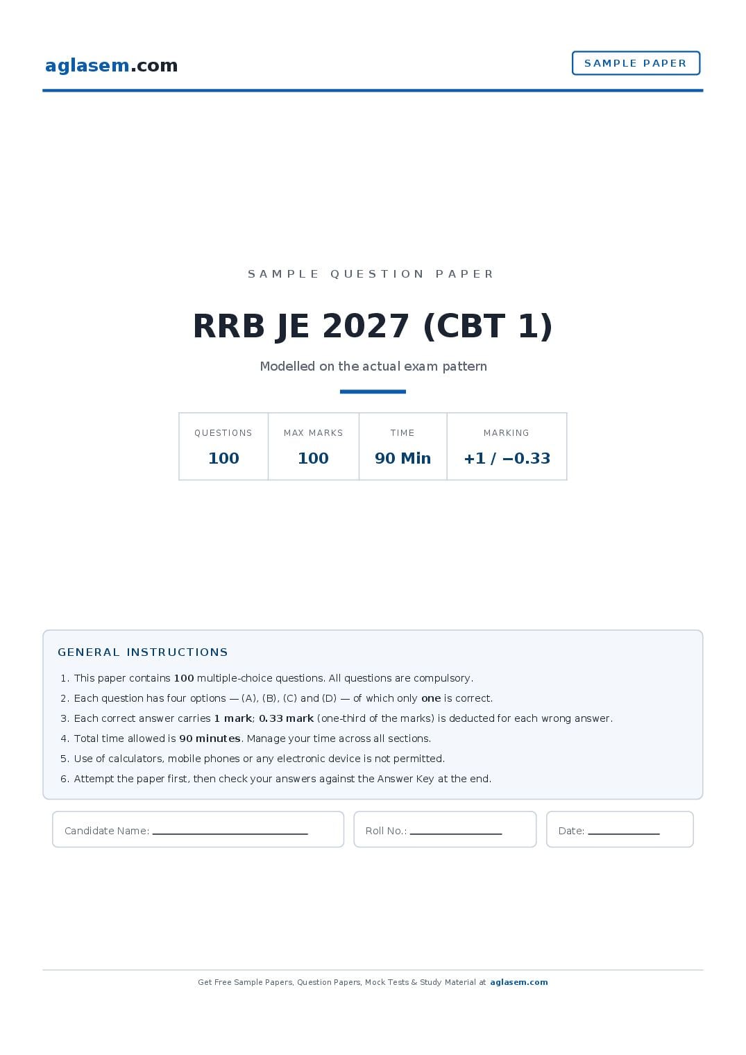 RRB JE 2027 Sample Paper (CBT 1) - Page 1 of 14