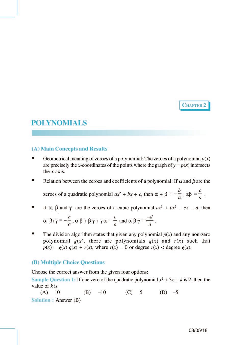NCERT Exemplar Class 10 Maths Unit 2 Polynomials - Page 1