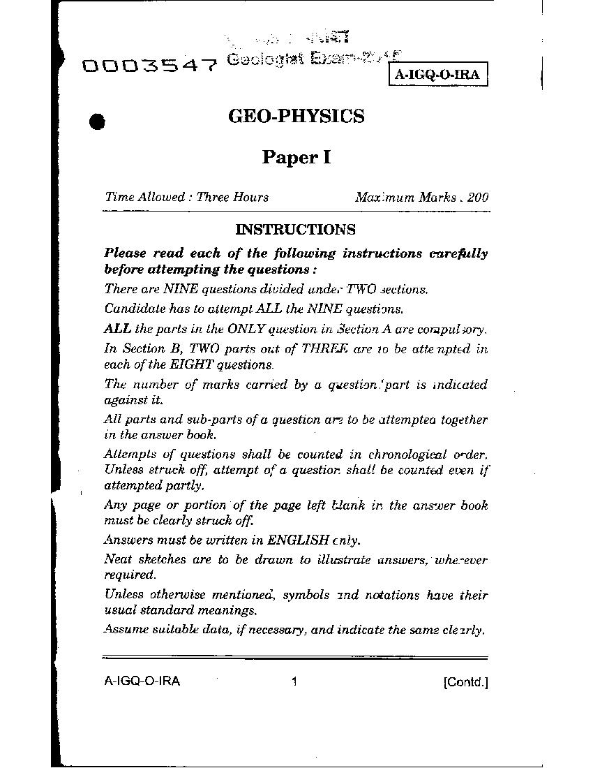 UPSC CGGE 2015 Question Paper Geo-Physics Paper I - Page 1