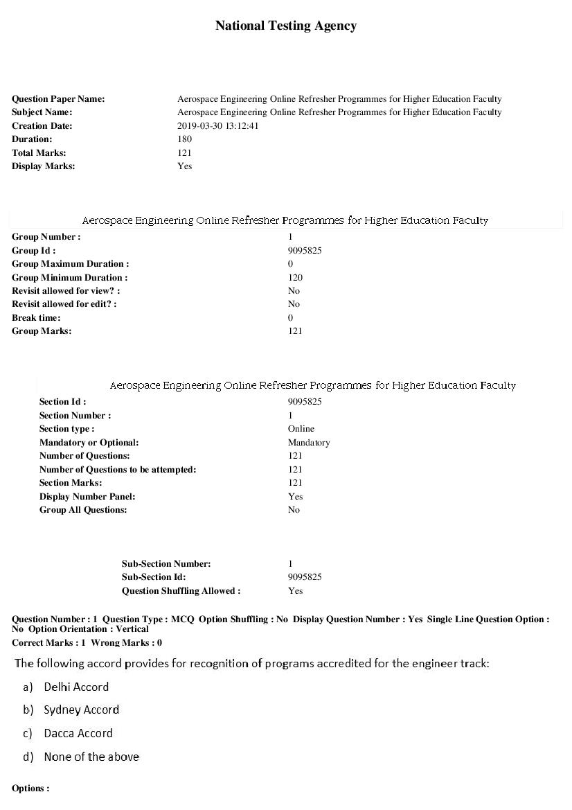 ARPIT 2019 Question Paper for Aerospace Engineering Online Refresher Programmes for Higher Education Faculty - Page 1 of 50