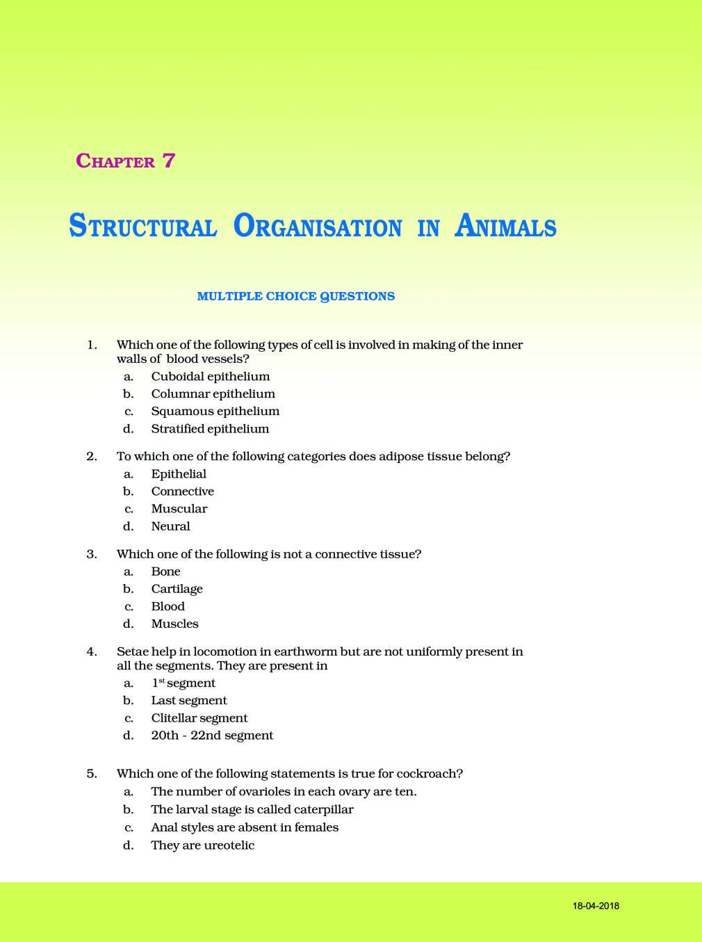 NCERT Exemplar Class 11 Biology chapter 7 Structural organisation in animals .