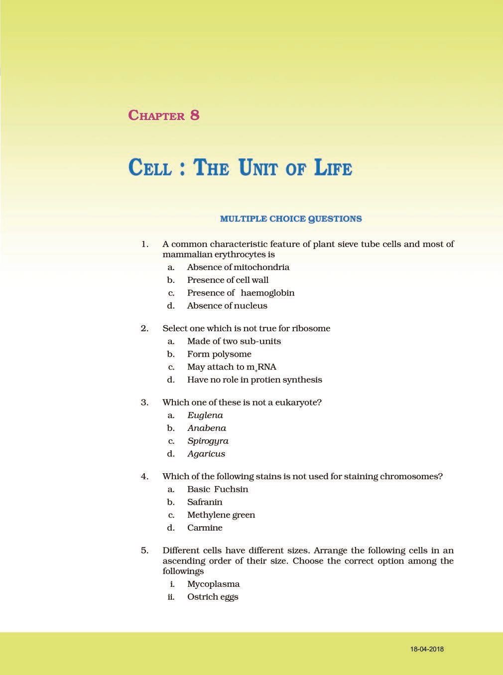 NCERT Exemplar Class 11 Biology Chapter 8 Cell: the unit of life. - Page 1