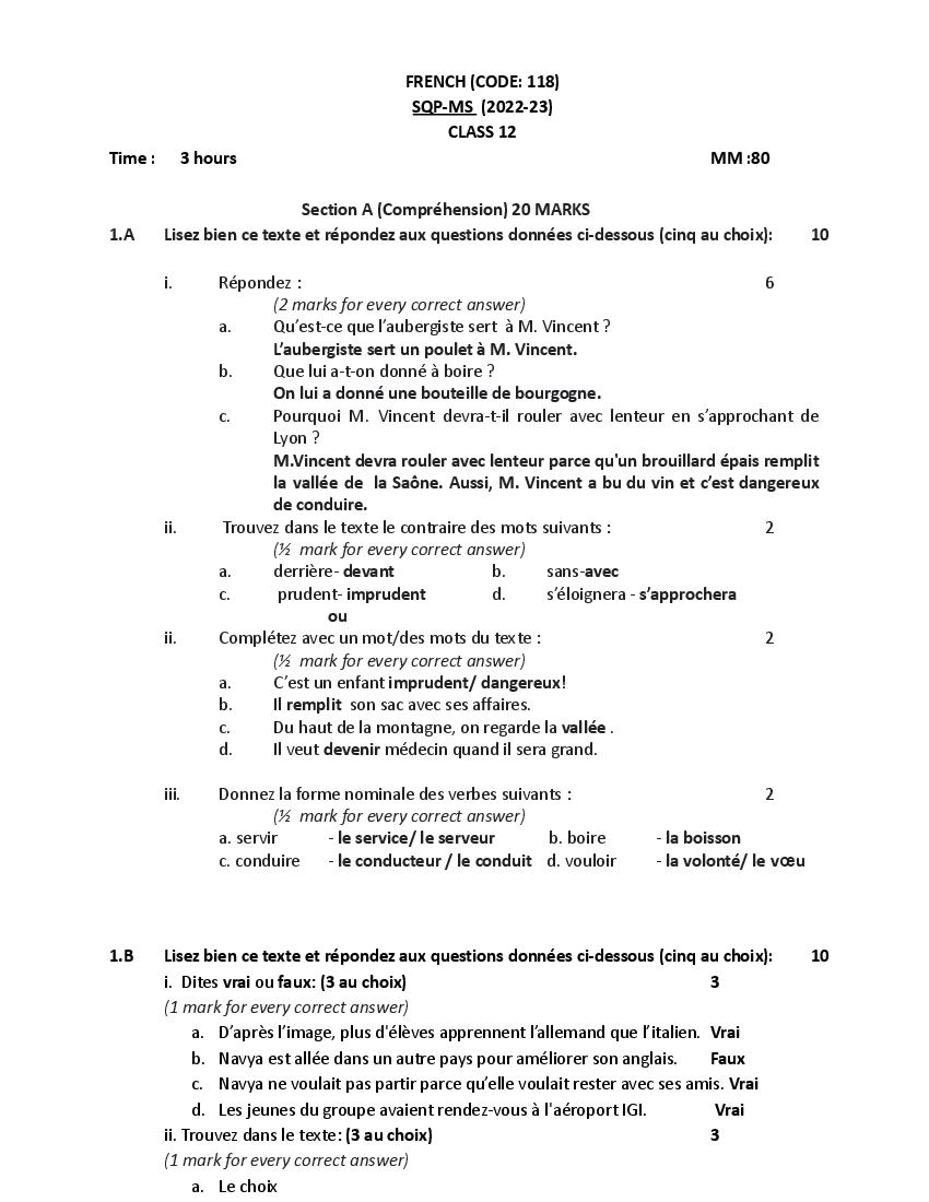 CBSE Class 12 Sample Paper 2023 Solution French - Page 1