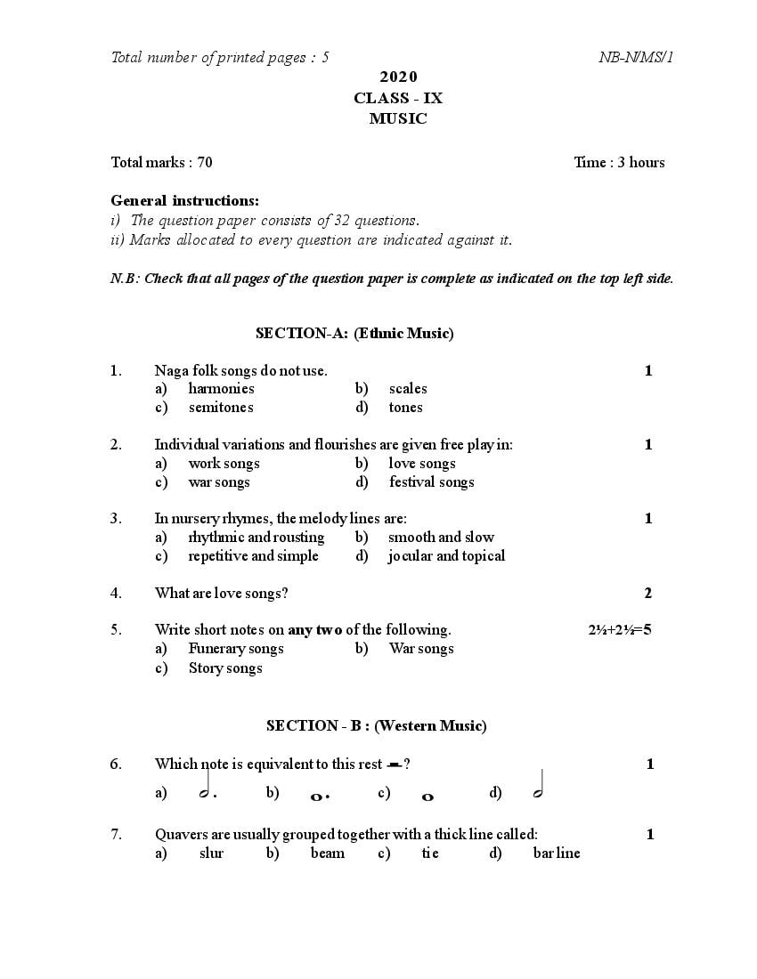 NBSE Class 9 Question Paper 2020 Music - Page 1