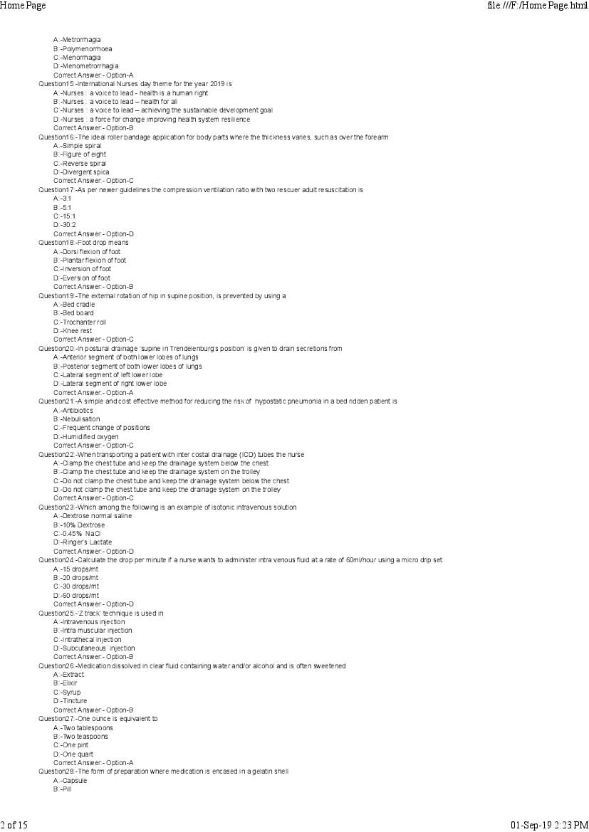 Kerala PG Nursing 2019 Question Paper PDF with Answer Key