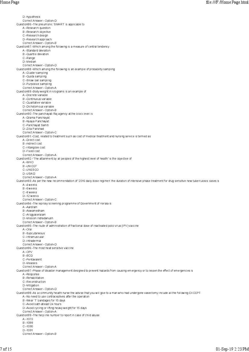 Kerala PG Nursing 2019 Question Paper PDF with Answer Key