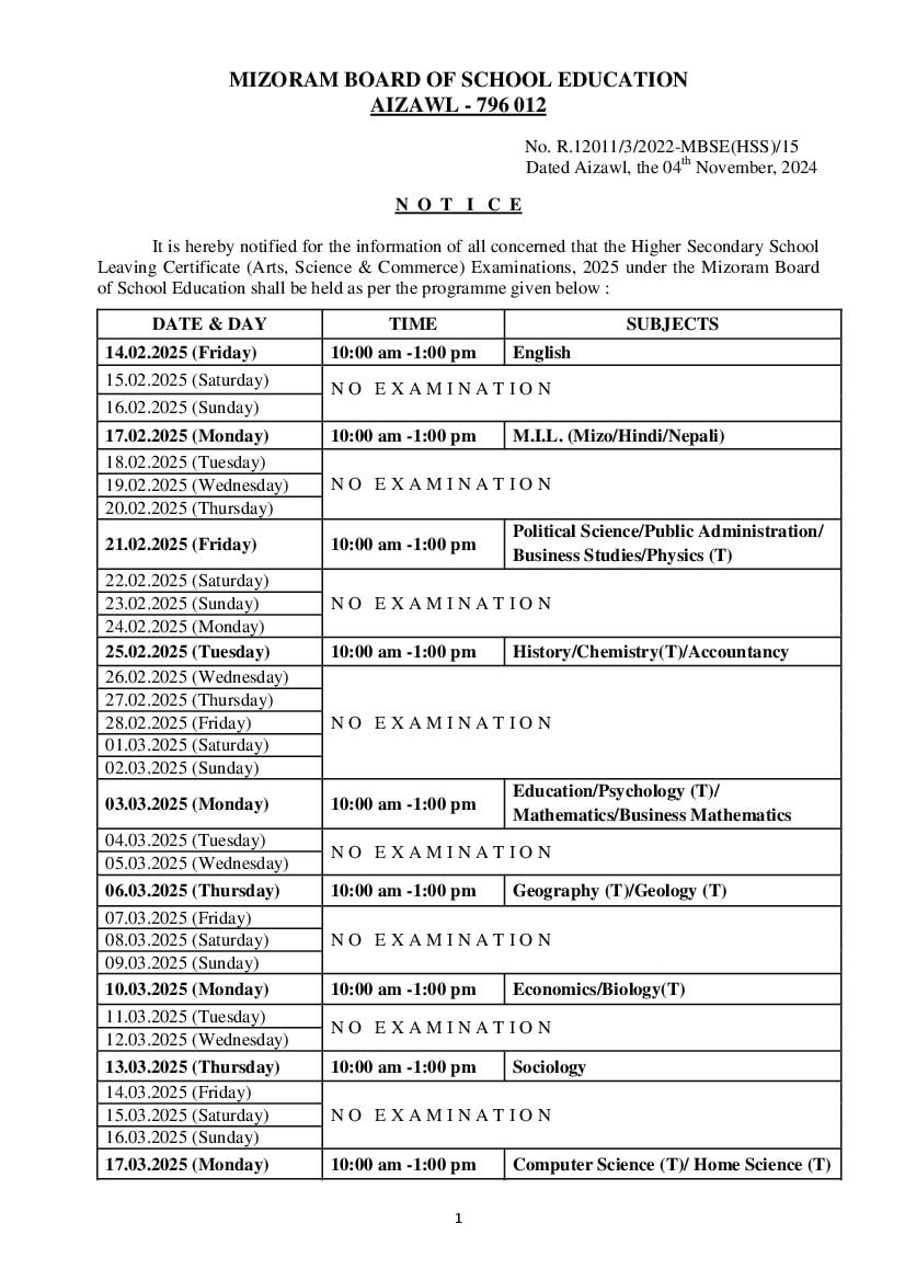 Mizoram Board Class 12th Exam Date 2025 - Page 1