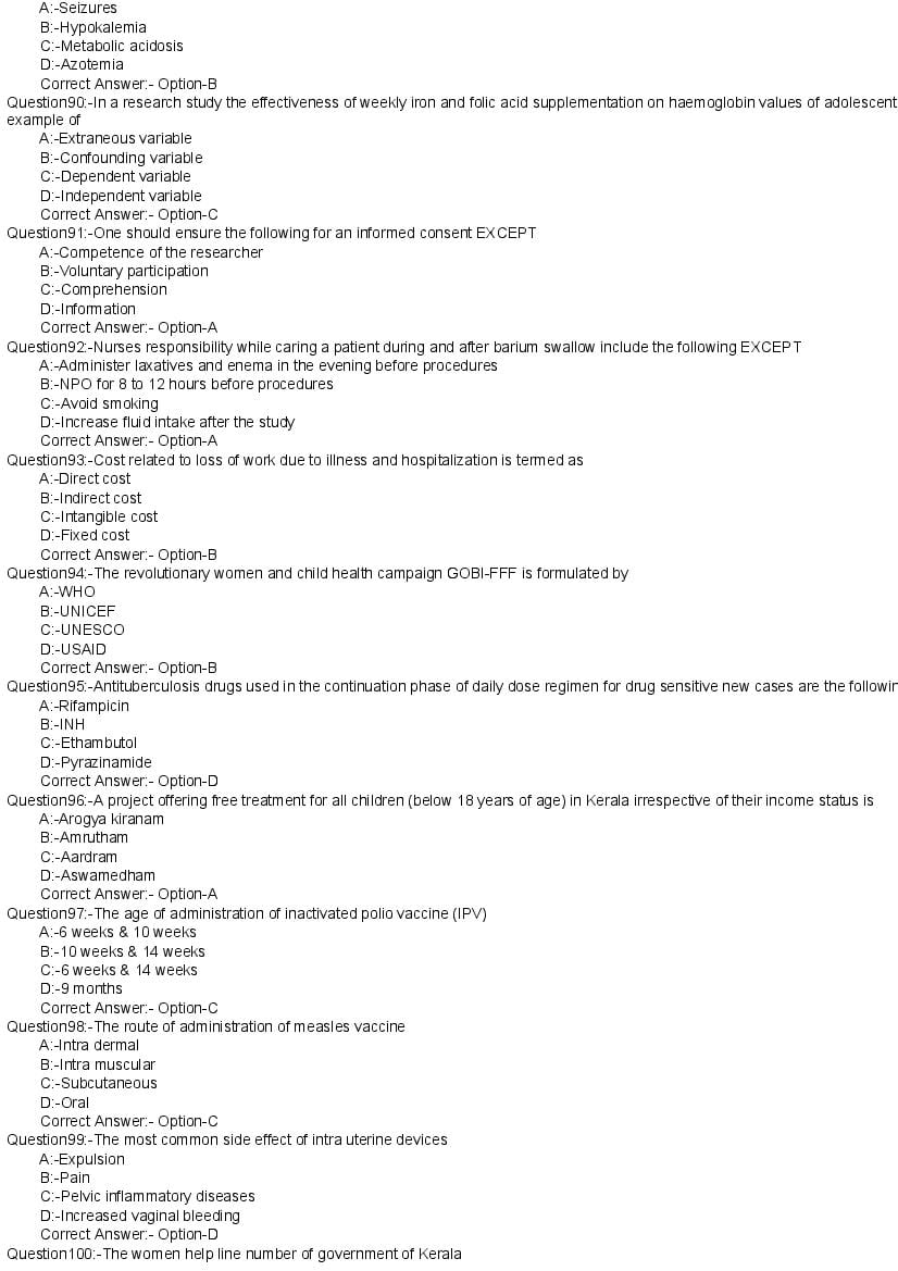 Kerala PG Nursing 2020 Question Paper PDF with Answer Key